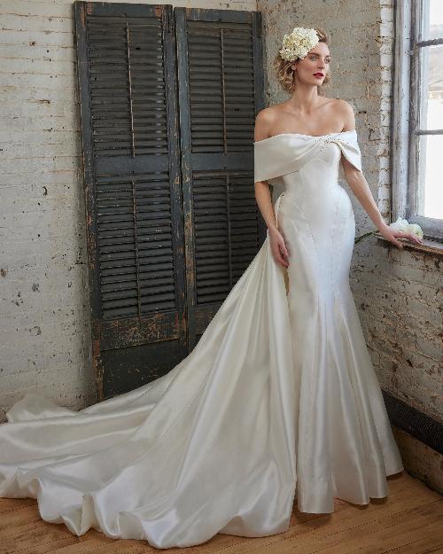 123246 fitted satin wedding dress with overskirt and strapless neckline1